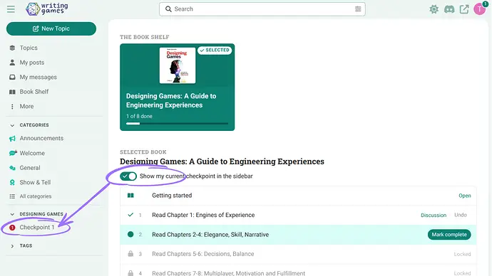 The option to toggle your latest checkpoint on/off in the nav menu is located on the Book Shelf page.
