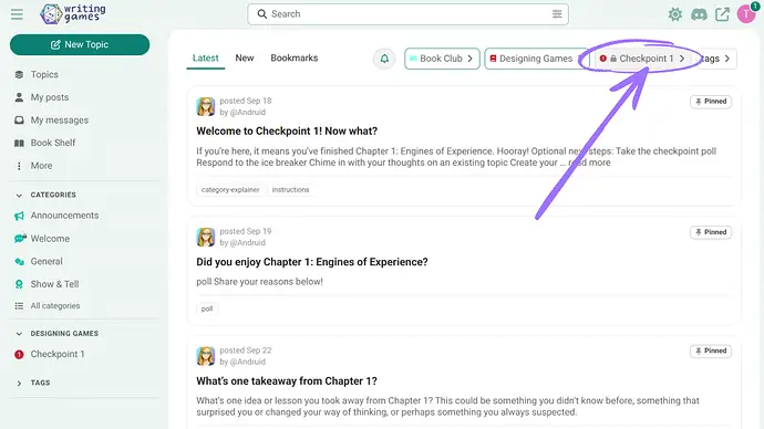 You can switch between different checkpoints you have access to by clicking the breadcrumb on a category or topic.