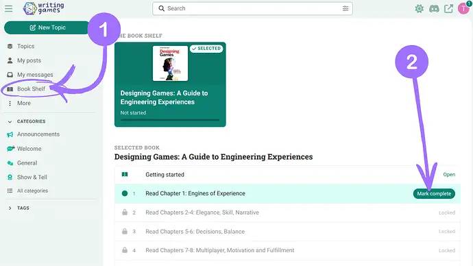 Instructions for progressing through the book: click Book Shelf in the left side nav menu, then click Mark complete for the reading you just completed. This will open up the discussion for that checkpoint.